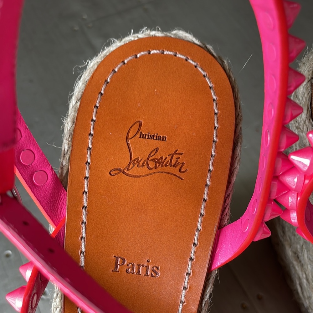 Christian louboutin mafaldina 120mm wedge espadrille pink neon sandal sz 40 - Picture 5 of 14